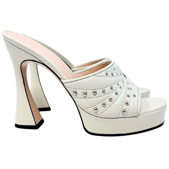 NWT Gucci GG Logo Marmont Platform Heels White Stud Claire Fluted Sandals EU37.5 - Picture 6 of 11